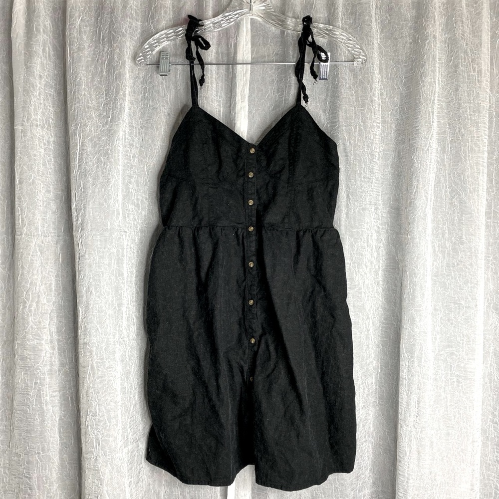 Aerie black mini dress with tie shoulder straps and button front linen style
